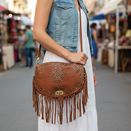 Boho Studded Goat Leather Fringe Crossbody Bag