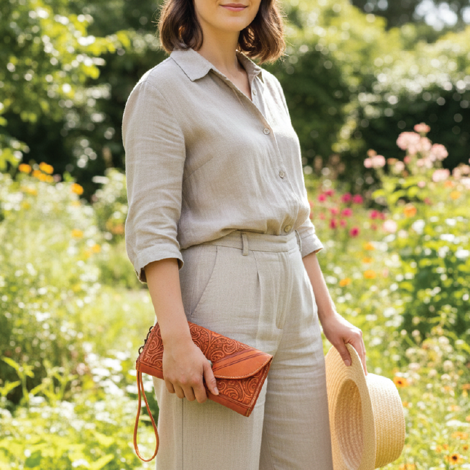 Hand-Tooled Goat Leather Wallet with Wrist Strap