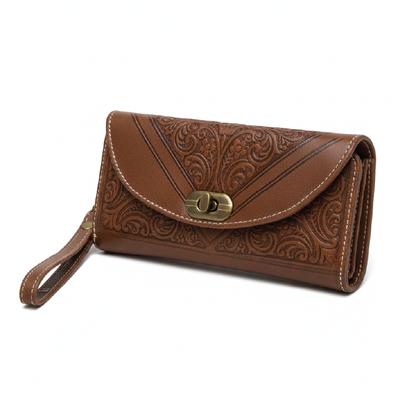 Hand-Tooled Goat Leather Clutch Wallet with Wrist Strap