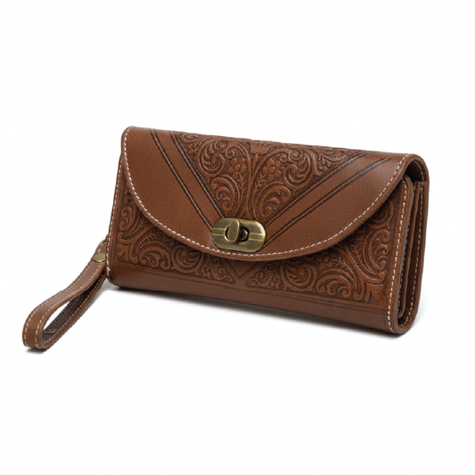 Hand-Tooled Goat Leather Clutch Wallet with Wrist Strap