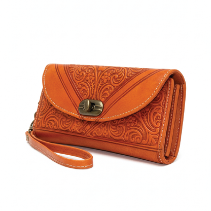 Hand-Tooled Goat Leather Wallet with Wrist Strap