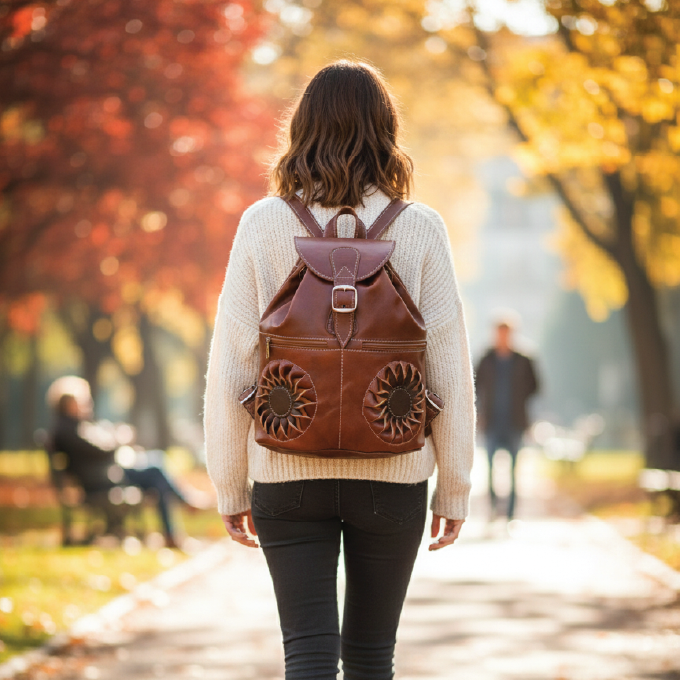 Handcrafted Genuine Leather Backpack with Floral Detail