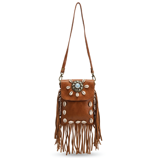 Boho Goat Leather Fringe Crossbody Bag with Shell Accents