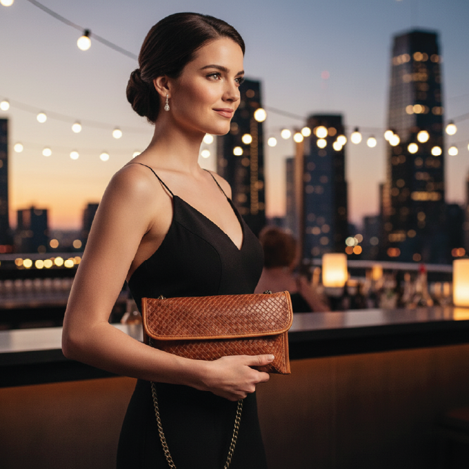 Pochette en cuir de chèvre tressé avec bandoulière chaîne