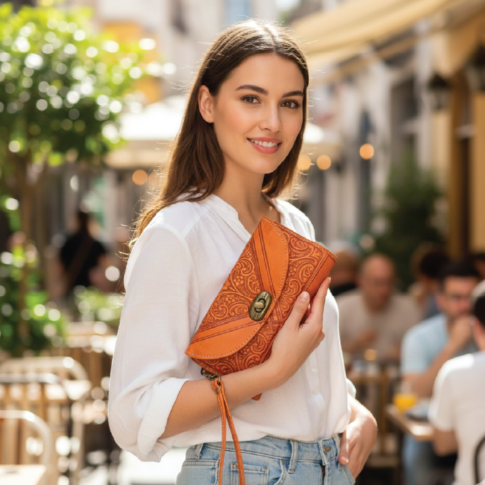 Hand-Tooled Goat Leather Wallet with Wrist Strap