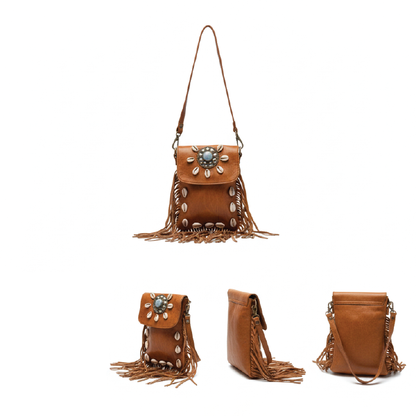 Boho Goat Leather Fringe Crossbody Bag with Shell Accents