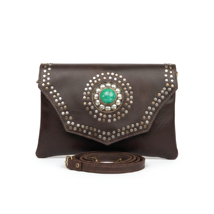 Studded Goat Leather Crossbody Clutch with Turquoise Accent