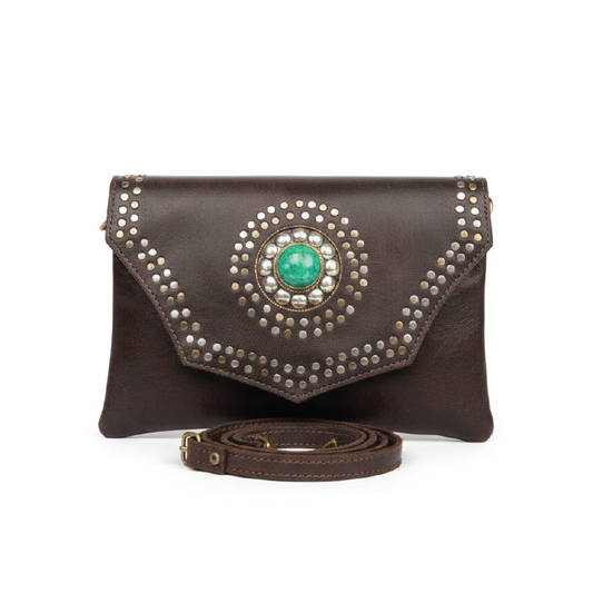 Studded Goat Leather Crossbody Clutch with Turquoise Accent