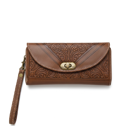 Hand-Tooled Goat Leather Clutch Wallet with Wrist Strap