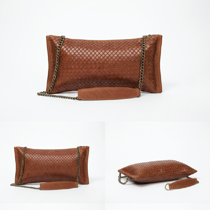 Pochette en cuir de chèvre tressé avec bandoulière chaîne