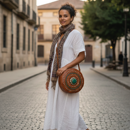 Sac à main rond bohème en cuir de chèvre avec clous métalliques et accent turquoise