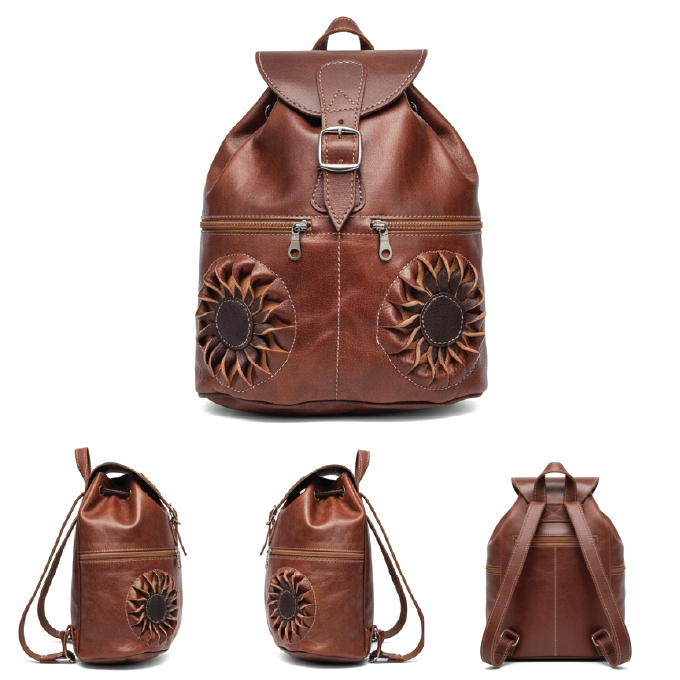 Handcrafted Genuine Leather Backpack with Floral Detail