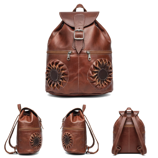 Handcrafted Genuine Leather Backpack with Floral Detail