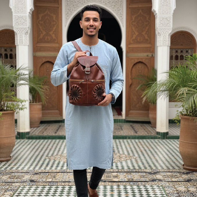 Handcrafted Genuine Leather Backpack with Floral Detail