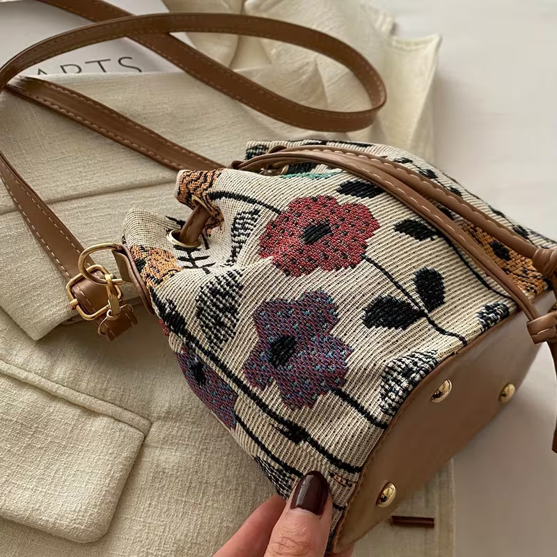 of Elegant Floral Design Fabric Material Mini Drawstring Crossbody Bag for Women Hiking Gear MH010