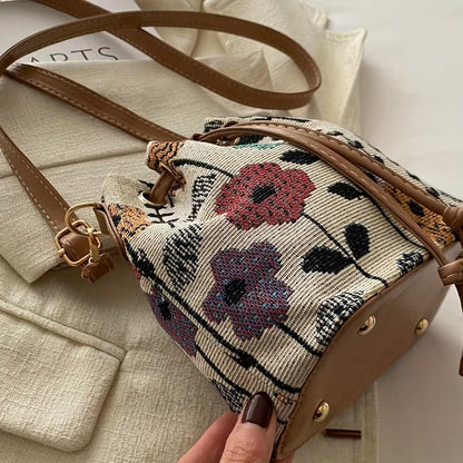 of Elegant Floral Design Fabric Material Mini Drawstring Crossbody Bag for Women Hiking Gear MH010