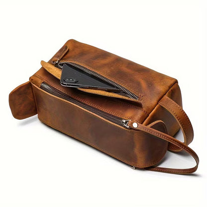 Vintage Genuine Leather Men’s Toiletry Bag – Large Capacity Crazy Horse Leather Travel Organizer MH001