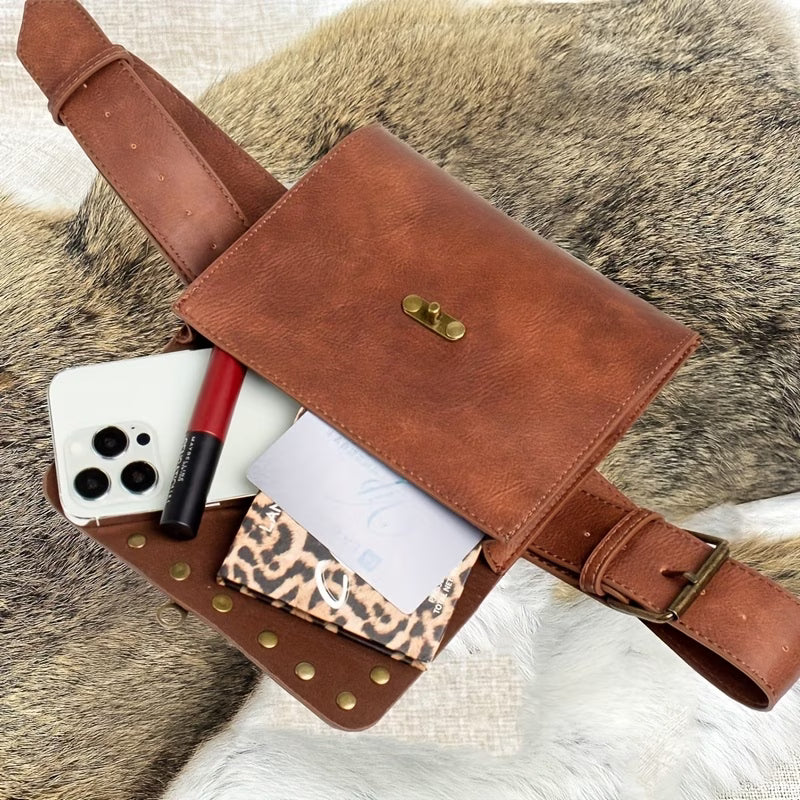 Vintage Genuine Leather Waist Bag – Handmade Brown Leather Belt Bag with Rivets, Retro Fanny Pack for Men & Women MH011