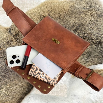 Vintage Genuine Leather Waist Bag – Handmade Brown Leather Belt Bag with Rivets, Retro Fanny Pack for Men & Women MH011