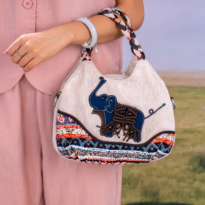 Medium Handmade Woven Elephant Fabric Handbag – Single Shoulder & Crossbody Bag with Multiple Pockets MH005
