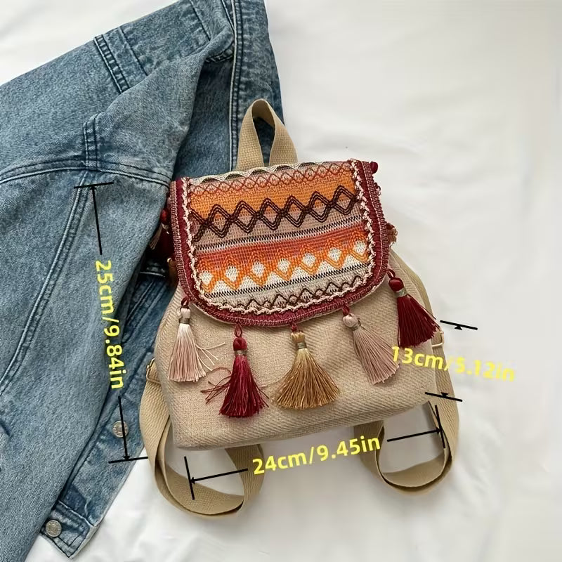 Women’s Casual Ethnic Style Backpack – Fringe Design, Large Capacity, Versatile Shoulder Bag MH009