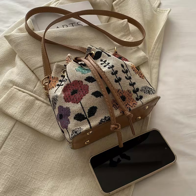 of Elegant Floral Design Fabric Material Mini Drawstring Crossbody Bag for Women Hiking Gear MH010