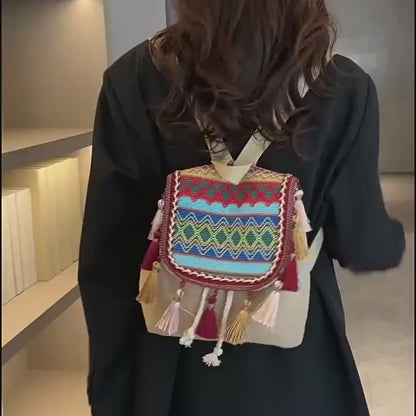 Women’s Casual Ethnic Style Backpack – Fringe Design, Large Capacity, Versatile Shoulder Bag MH009