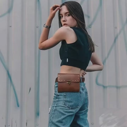 Vintage Genuine Leather Waist Bag – Handmade Brown Leather Belt Bag with Rivets, Retro Fanny Pack for Men & Women MH011