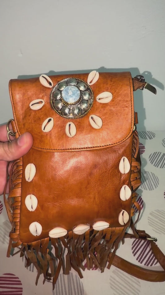Boho Goat Leather Fringe Crossbody Bag with Shell Accents