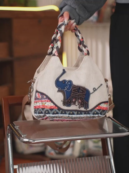 Medium Handmade Woven Elephant Fabric Handbag – Single Shoulder & Crossbody Bag with Multiple Pockets MH005